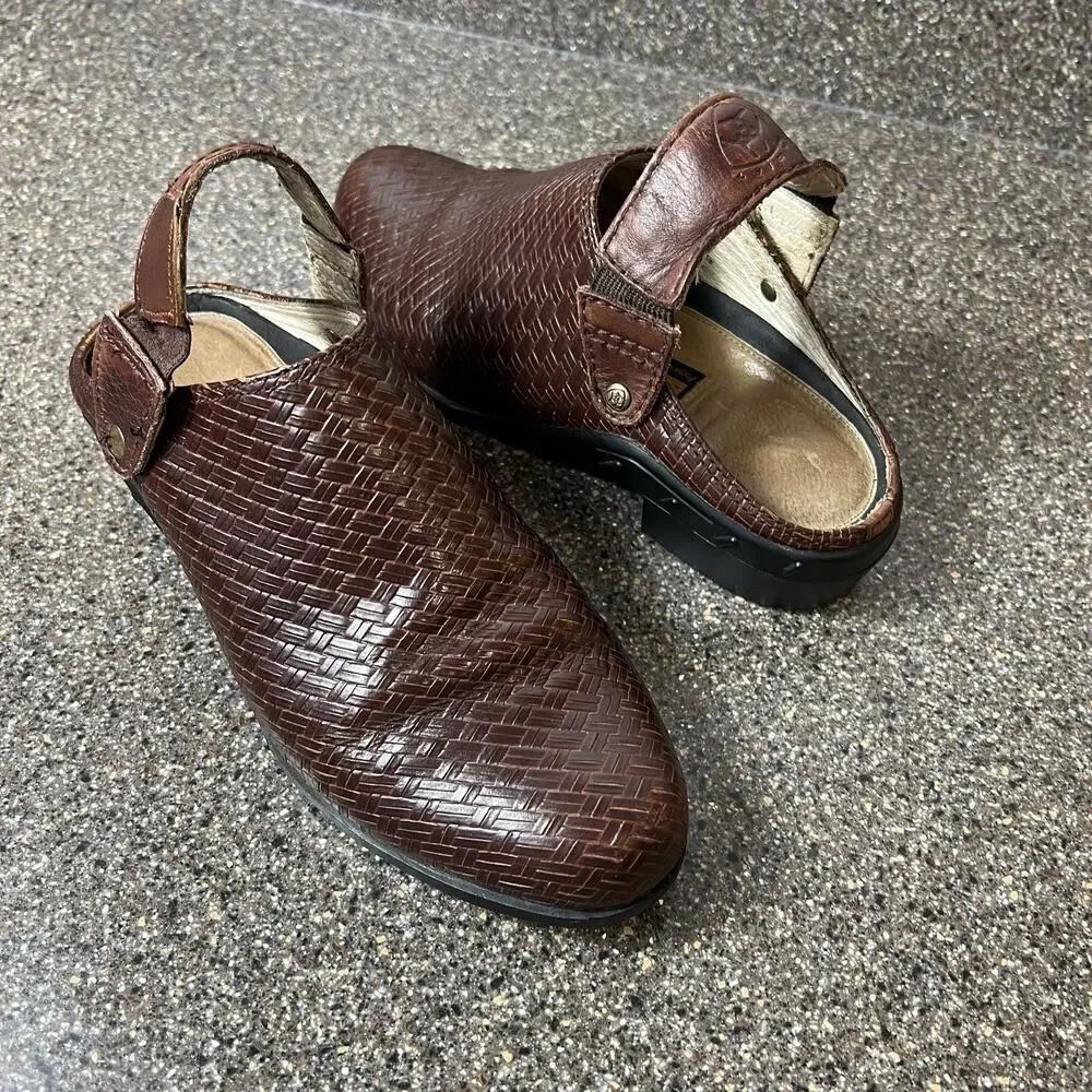 Ariat Brown Woven Leather Clogs Womens Sz 8.5 Comfort Casual Heeled Mule Slip On
